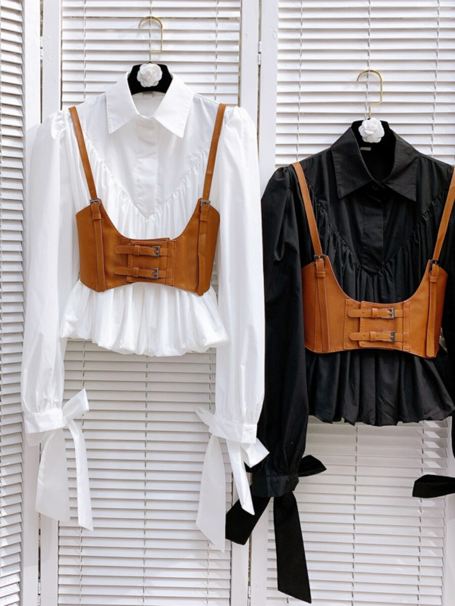 Pleated Blouse With PU Vest