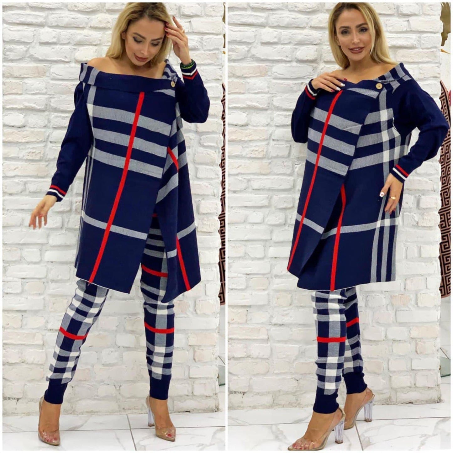 Knitted 2-Piece Plaid Pants Set