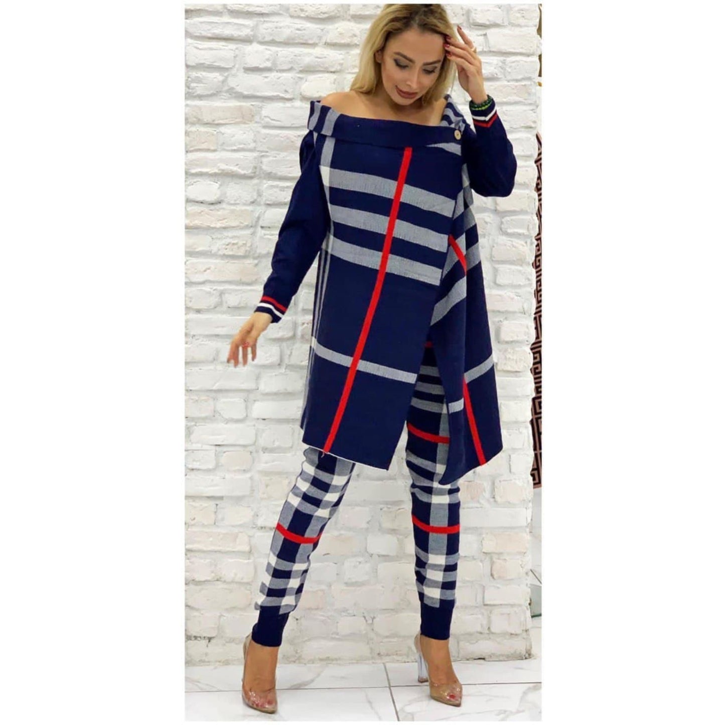 Knitted 2-Piece Plaid Pants Set