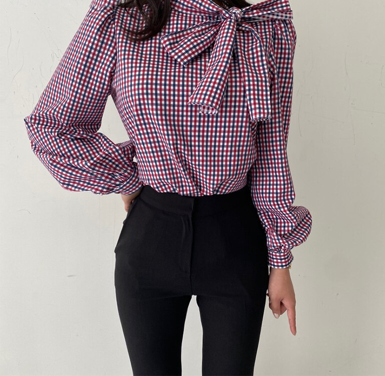 Chic Plaid Blouse With Neck-Bow