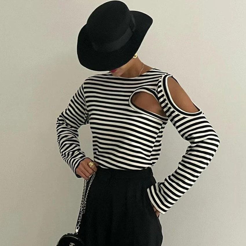 Long-Sleeve Hollow-Out Stripe T/Shirt