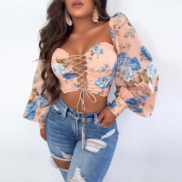 Lace-Up Floral Drawstring Blouse