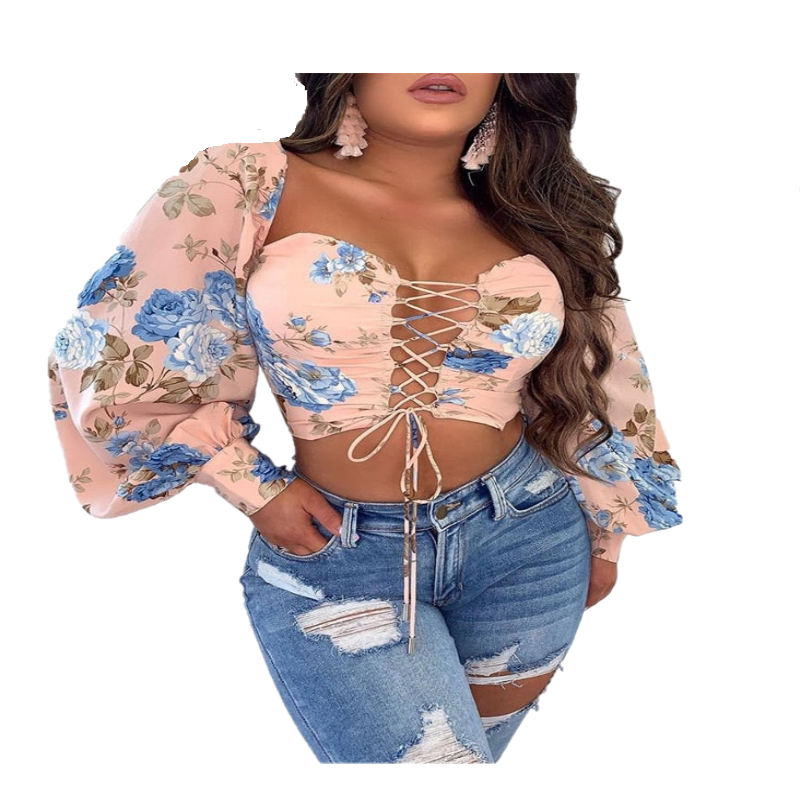 Lace-Up Floral Drawstring Blouse