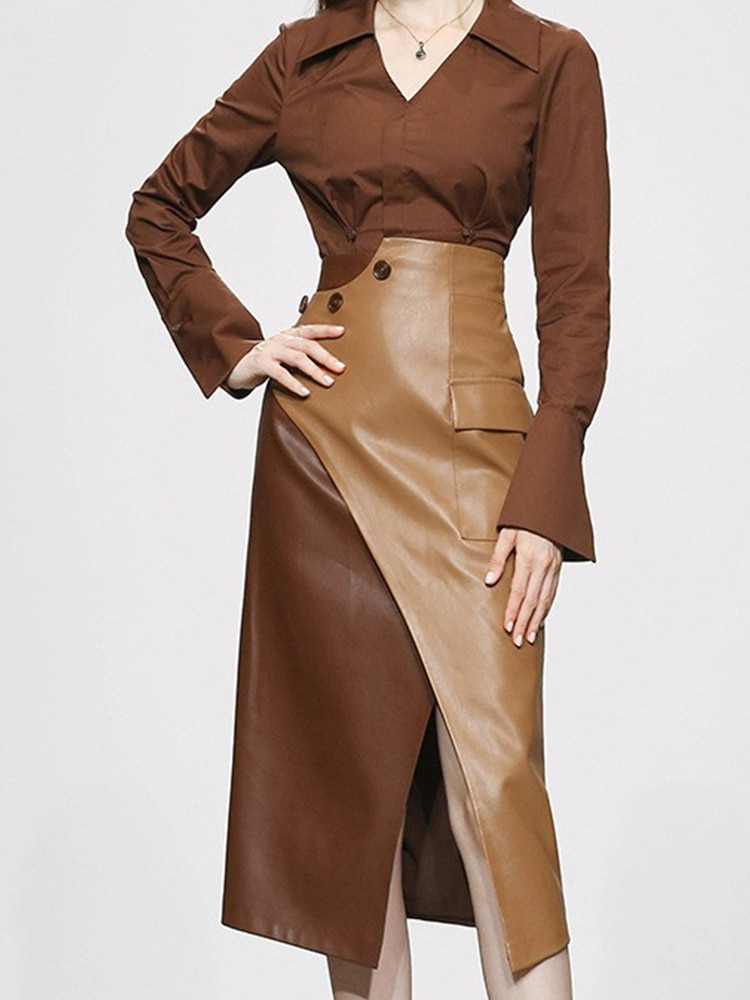 2-Piece Irregular PU Leather Skirt & Shirt Set