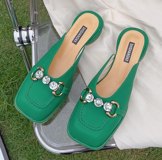 Low Square Toe & Crystal Buckle Slides