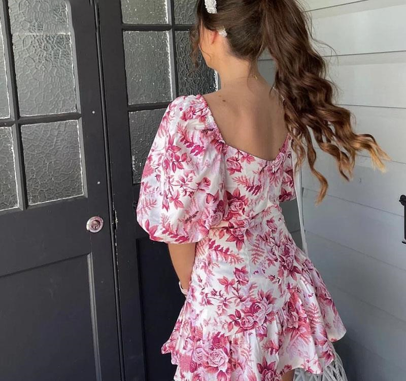 Floral Hollow-Out Dress With Short Puff Sleeves