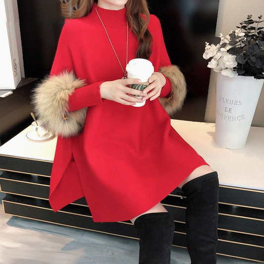 Elegant Knitted Sweater With Faux-Fur Sleeves