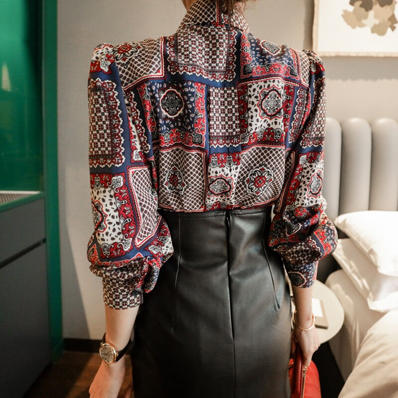 Paisley Printed Blouse With Collar-Bow & Pearl