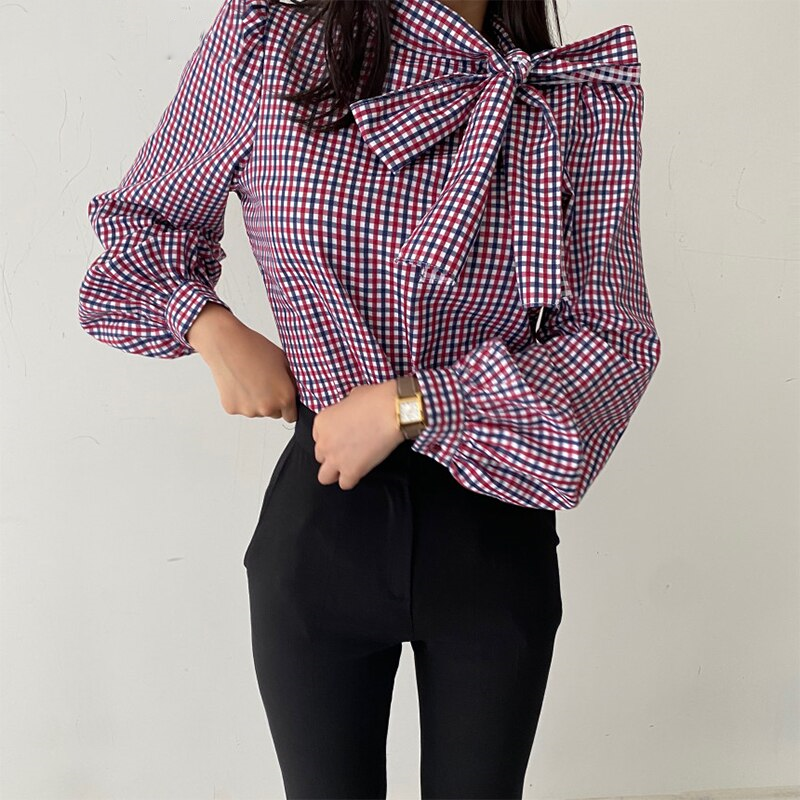 Chic Plaid Blouse With Neck-Bow