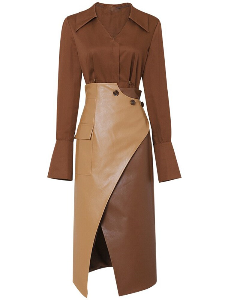 2-Piece Irregular PU Leather Skirt & Shirt Set