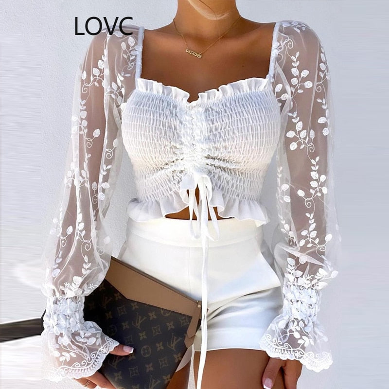 Ruched Top With Leaf Mesh Sleeves