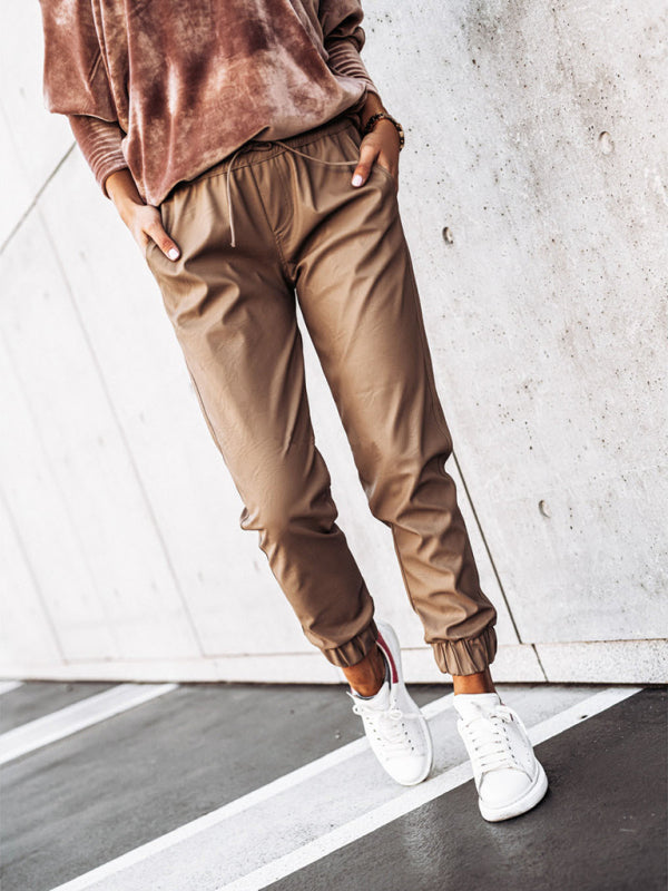 Cord Waist Slim Fit PU Leather Pants