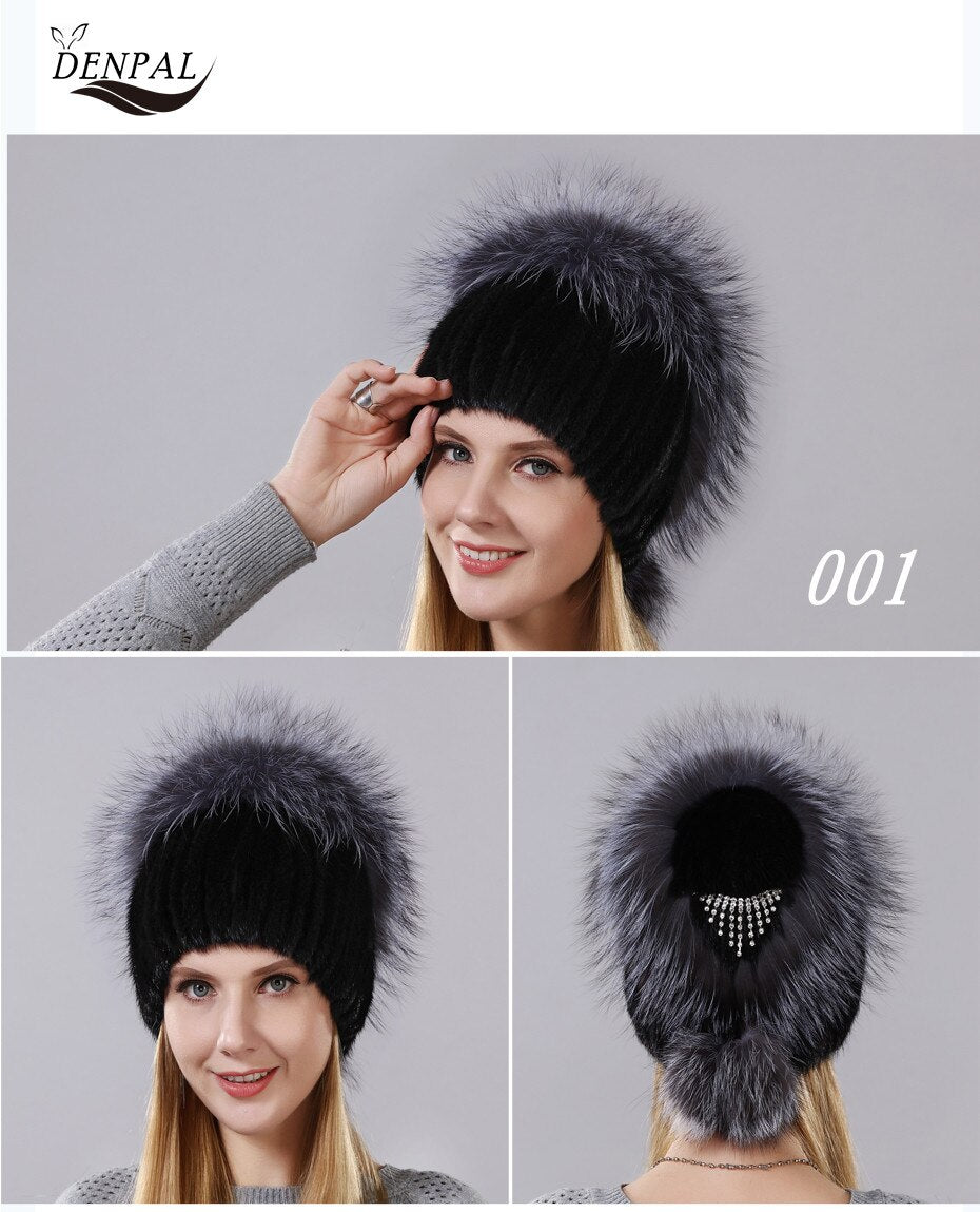 Warm Fluffy Hat With Pompom & Rhinestones