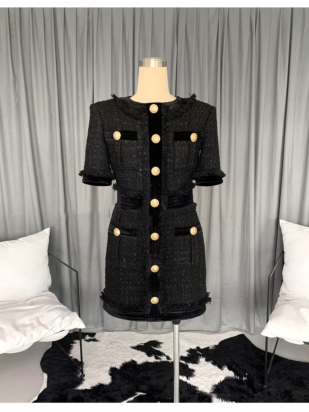 High-End Luxury Tweed Dress With Gold Buttons