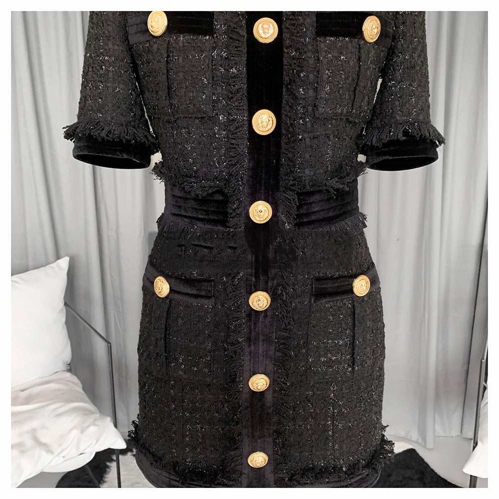 High-End Luxury Tweed Dress With Gold Buttons