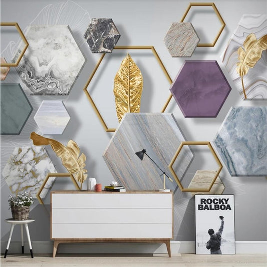 3D Stone, Geometry, Gold Leaf Mural Wallpaper