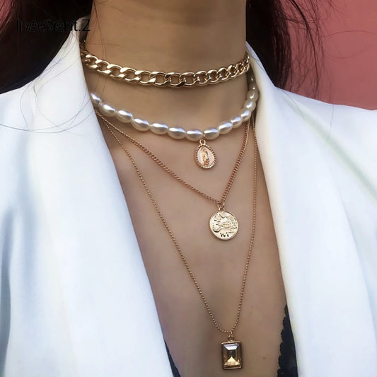 Women Multi-Layered Pearl Choker Necklace