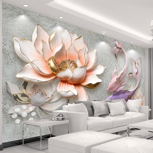 3D Embossed Lotus Fish Mural Wallpaper