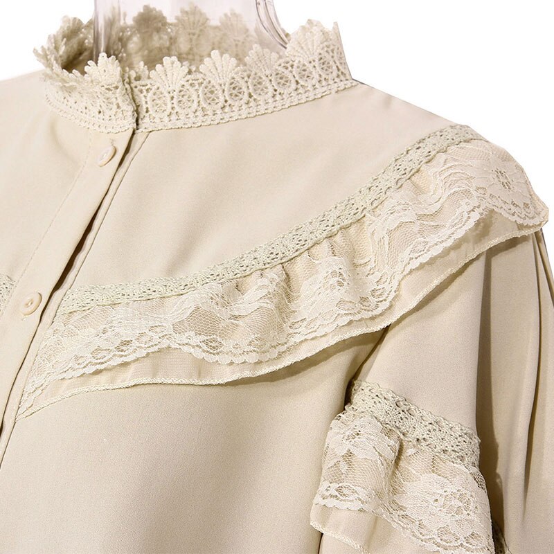 Spliced Lace Blouse With Lantern Sleeve
