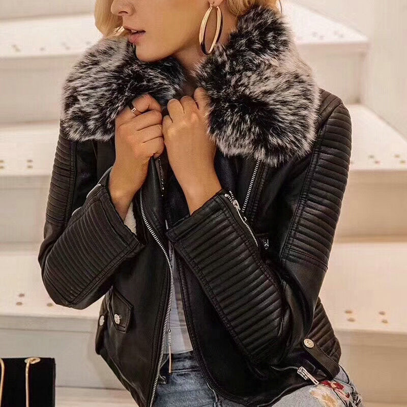 Warm Faux Leather Jacket With Faux Fur Collar
