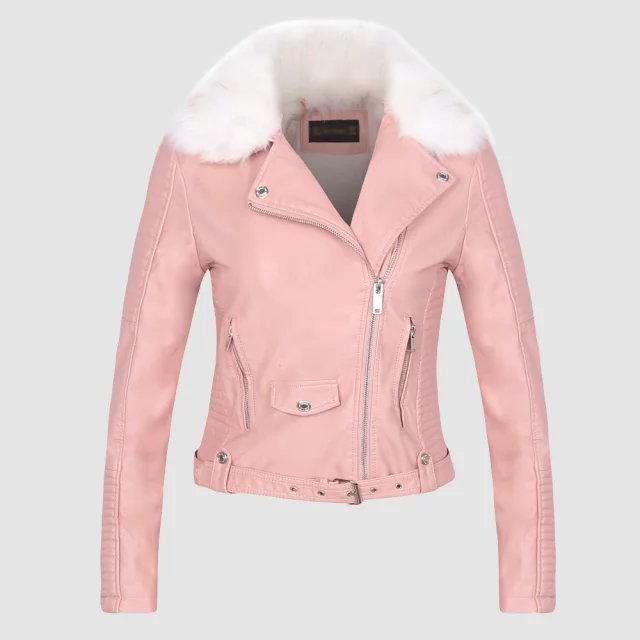 Warm Faux Leather Jacket With Faux Fur Collar