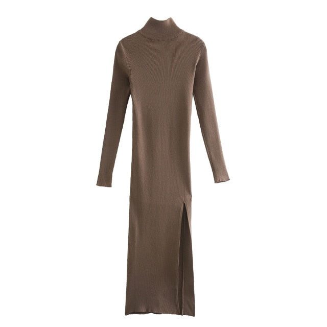 High-Neck Knitted Sweater Dress With High-Split