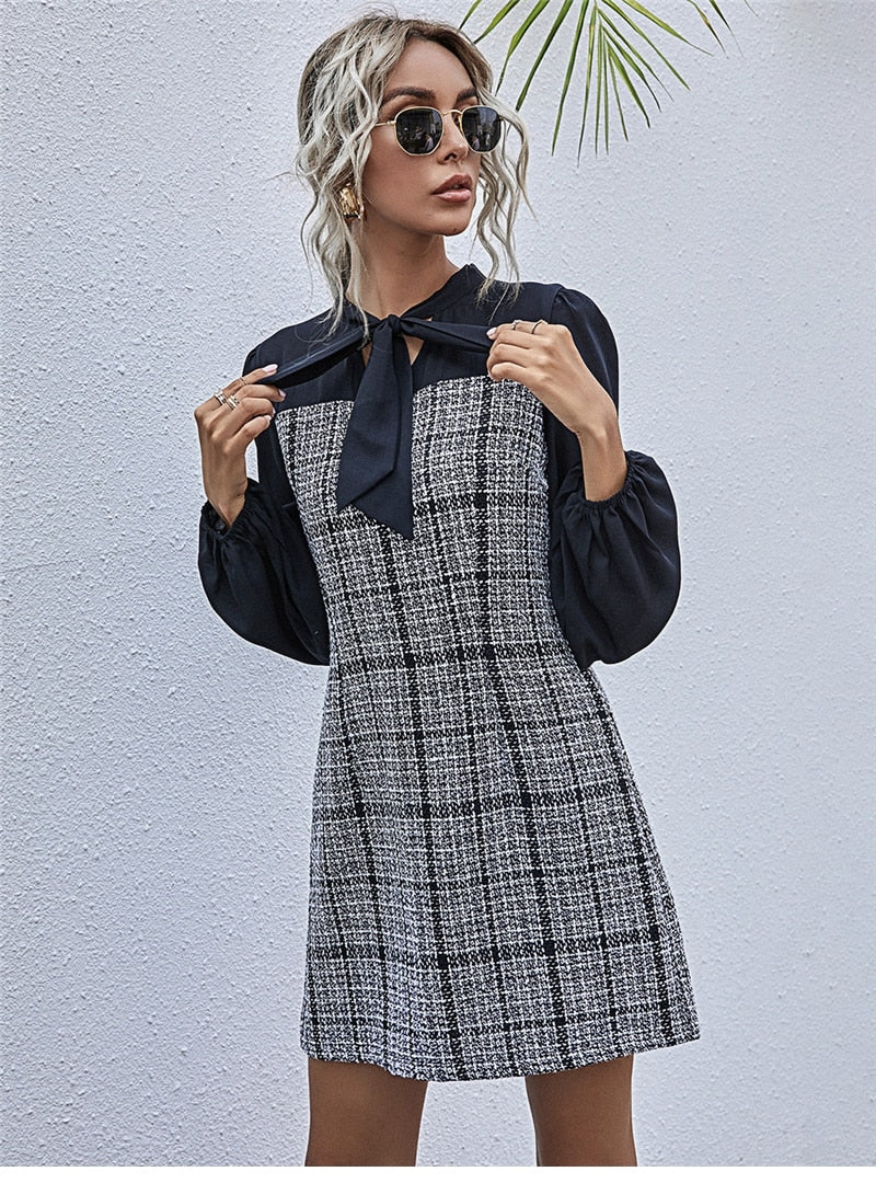 Plaid Patchwork Dress With Bow-Collar