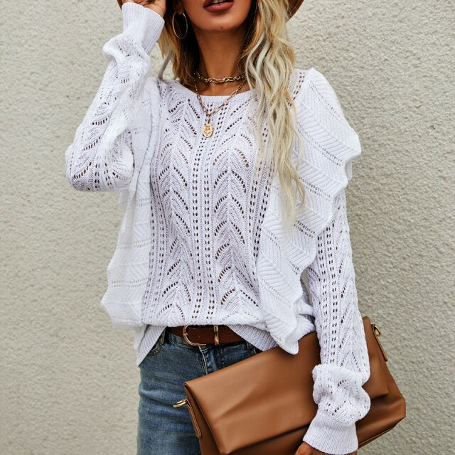 Knitted Hollow-Out Sweater With Ruffles
