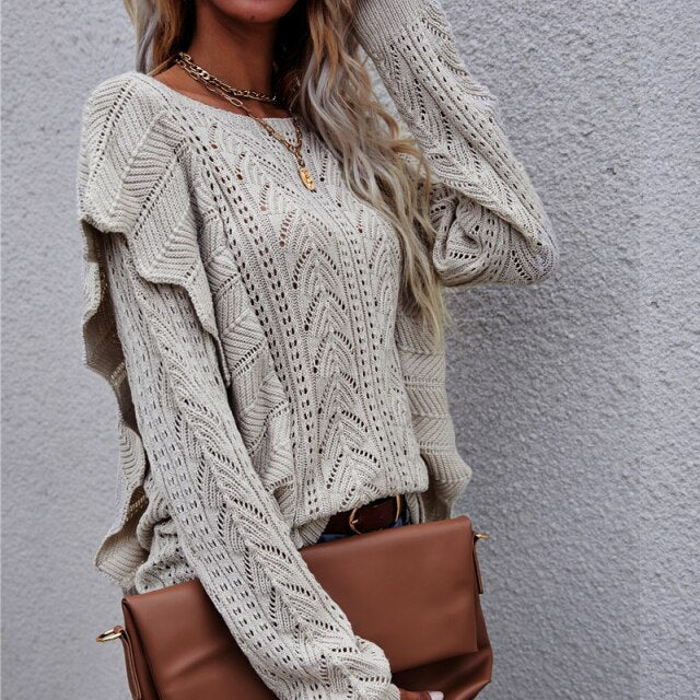 Knitted Hollow-Out Sweater With Ruffles