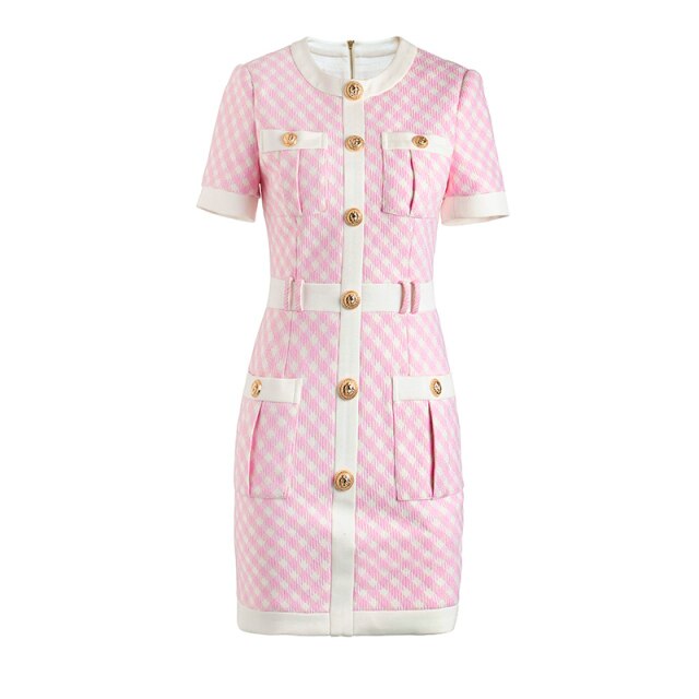 Luxury Pink Plaid Dress With Gold Buttons & Zip
