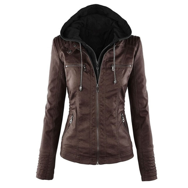 Faux Leather Jacket With Removable Hood