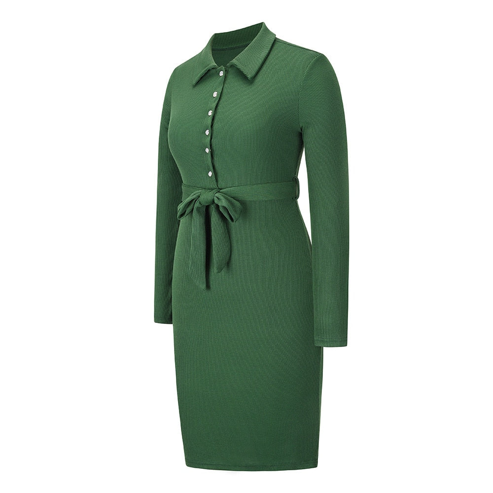 Ribbed Dress With Sash & Buttons