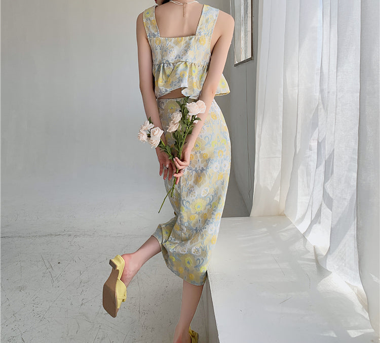 Jacquard Floral Split Skirt & Top