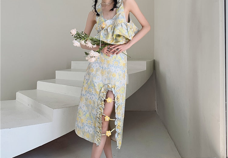 Jacquard Floral Split Skirt & Top