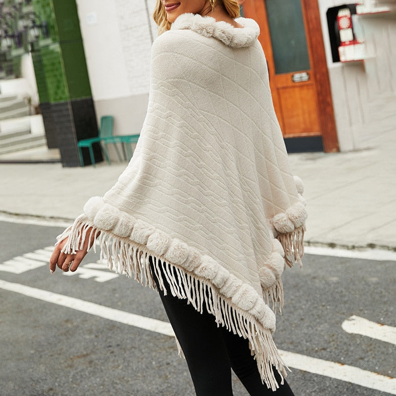 Oversized Knitted Cape With Faux Fur & Tassels