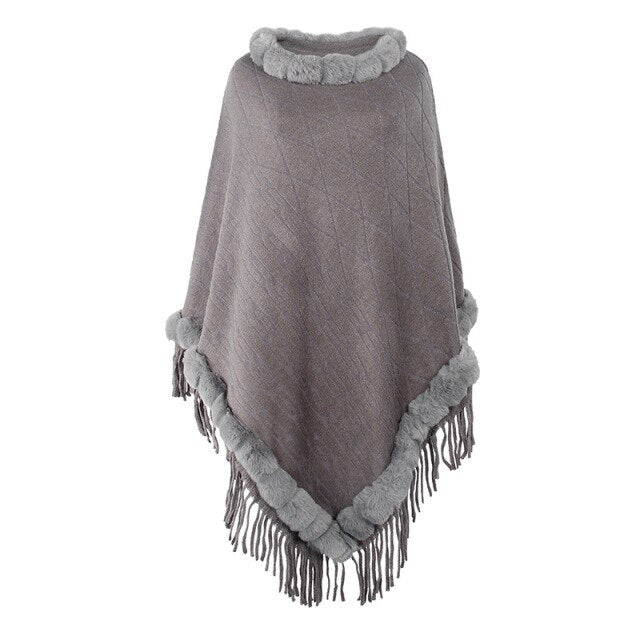 Oversized Knitted Cape With Faux Fur & Tassels