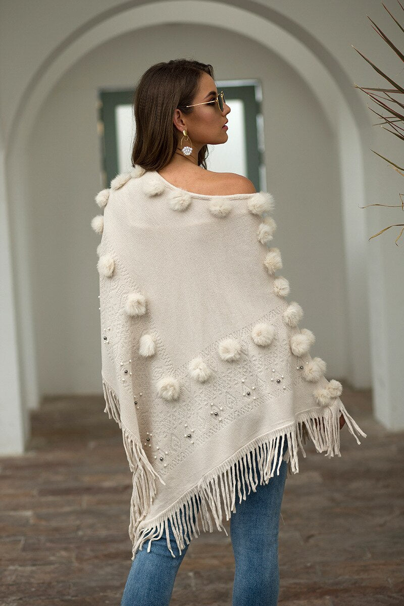 Oversized Faux Fur-Ball Sweater Cape