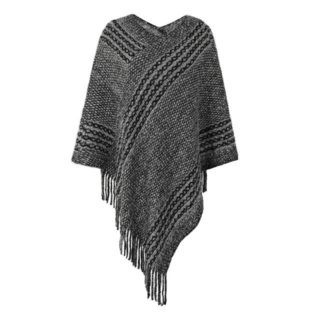 Striped Knit Poncho With Tassel Fringe