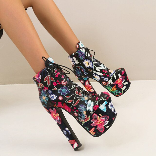 Printed Platform Ankle Boots With Square Heel