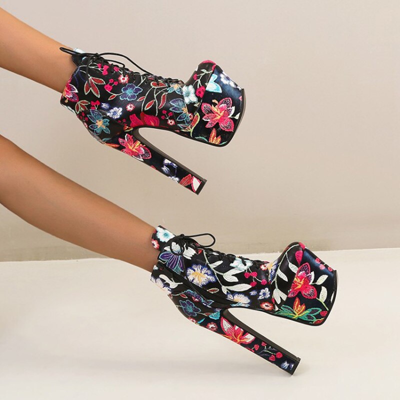 Printed Platform Ankle Boots With Square Heel