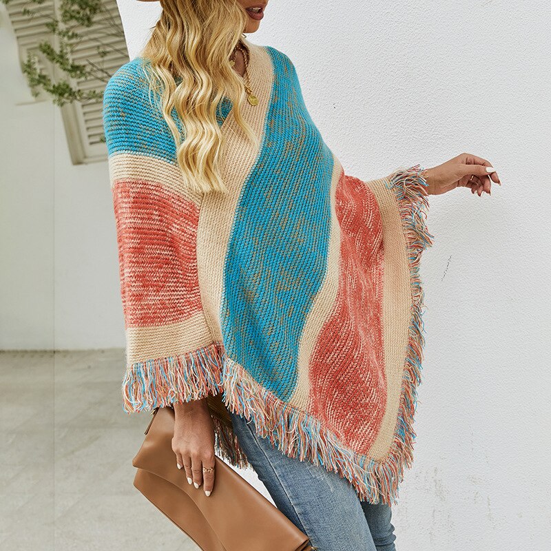 Knitted Stripe Patchwork Poncho With Fringe