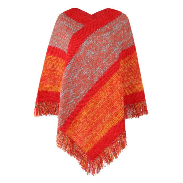 Knitted Stripe Patchwork Poncho With Fringe