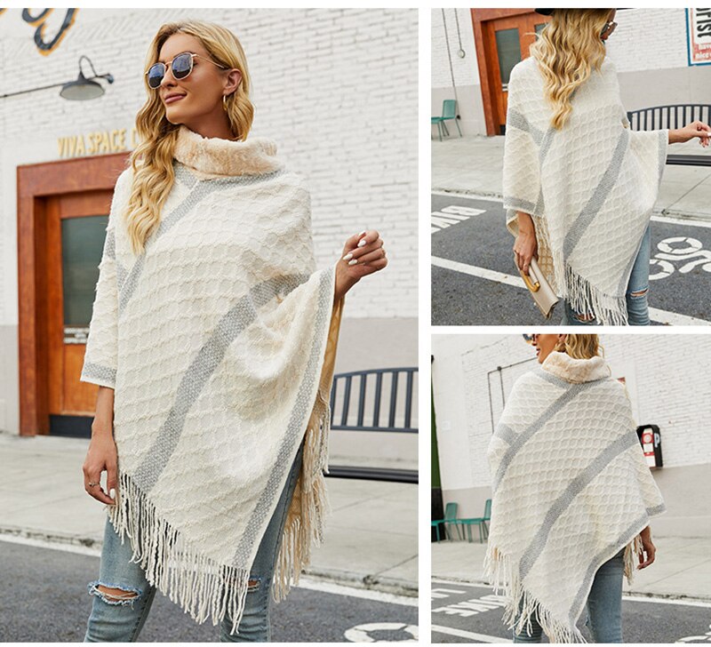 Knitted Waffle Poncho With Faux-Fur Collar & Stripes