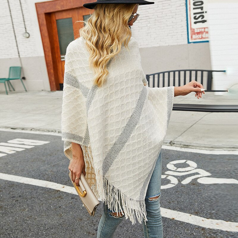Knitted Waffle Poncho With Faux-Fur Collar & Stripes