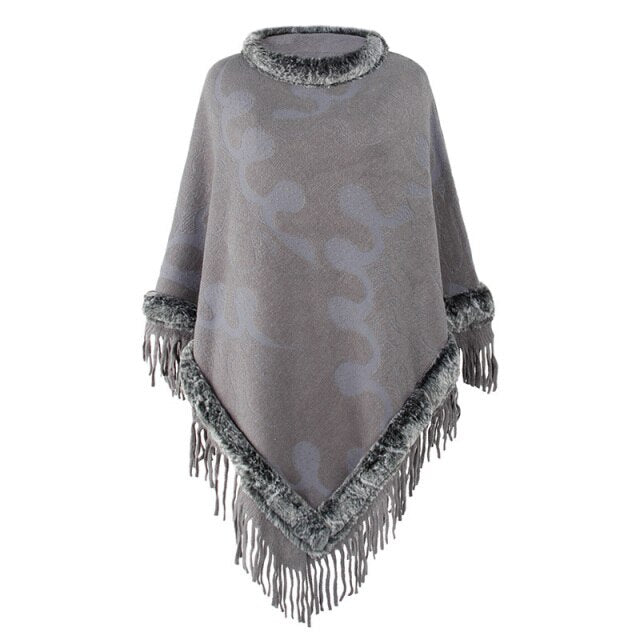 Knitted Poncho Edged In Faux-Fur & Tassels