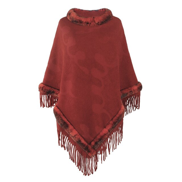 Knitted Poncho Edged In Faux-Fur & Tassels
