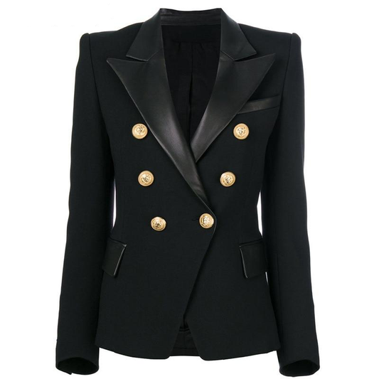 Blazer With PU Leather Turn-Down-Collar & Gold Buttons