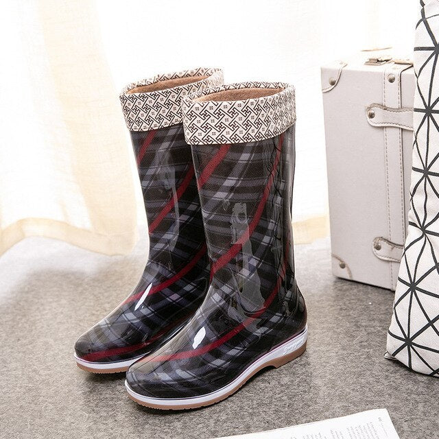 Plaid Pattern Wellingtons With Sock-Top