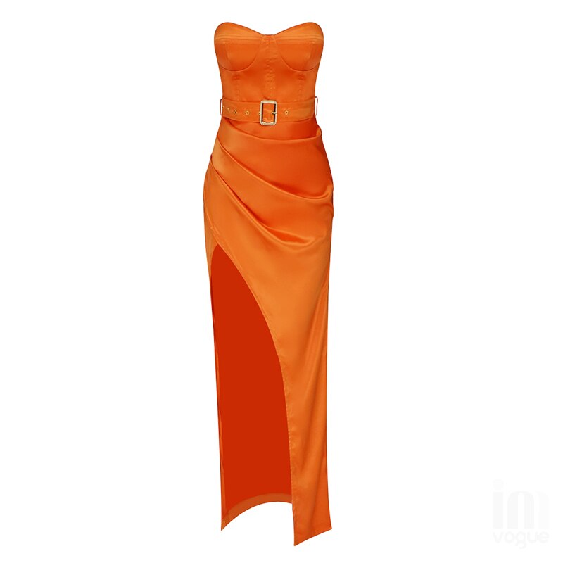 Strapless Orange Split Bodycon Dress With Belt