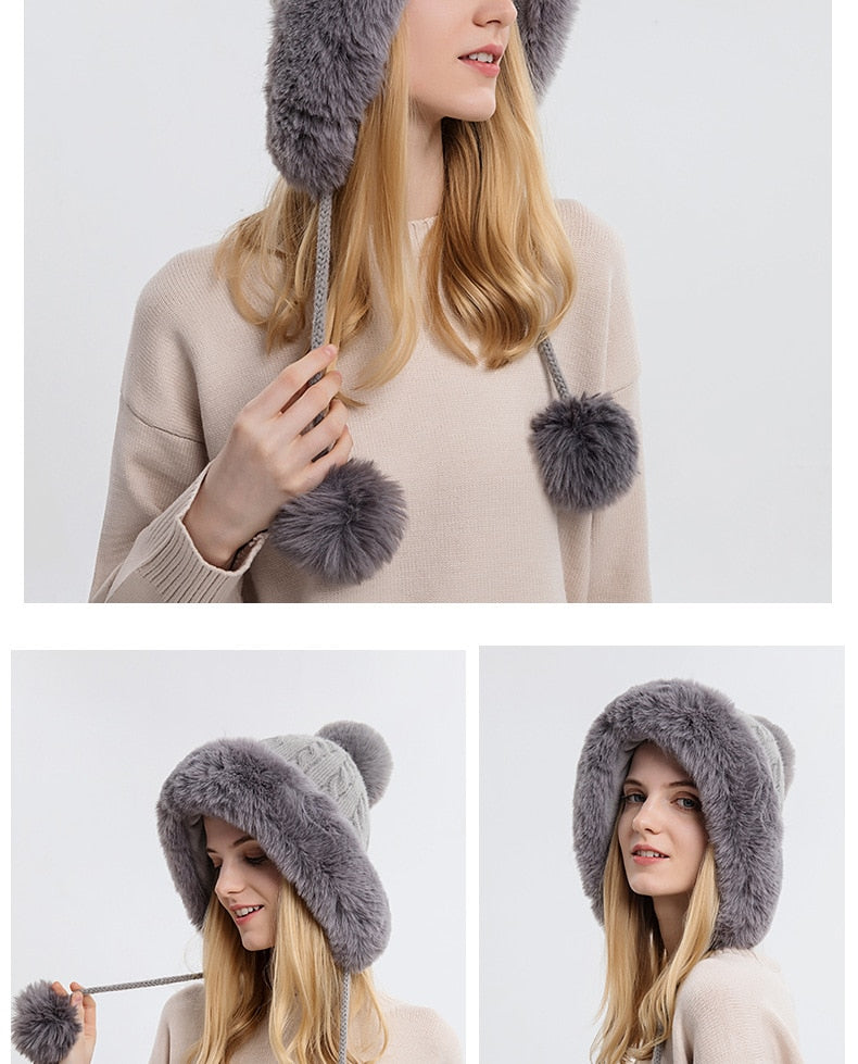 Knitted Winter Hat With Fluffy Plush Rim & Pompoms